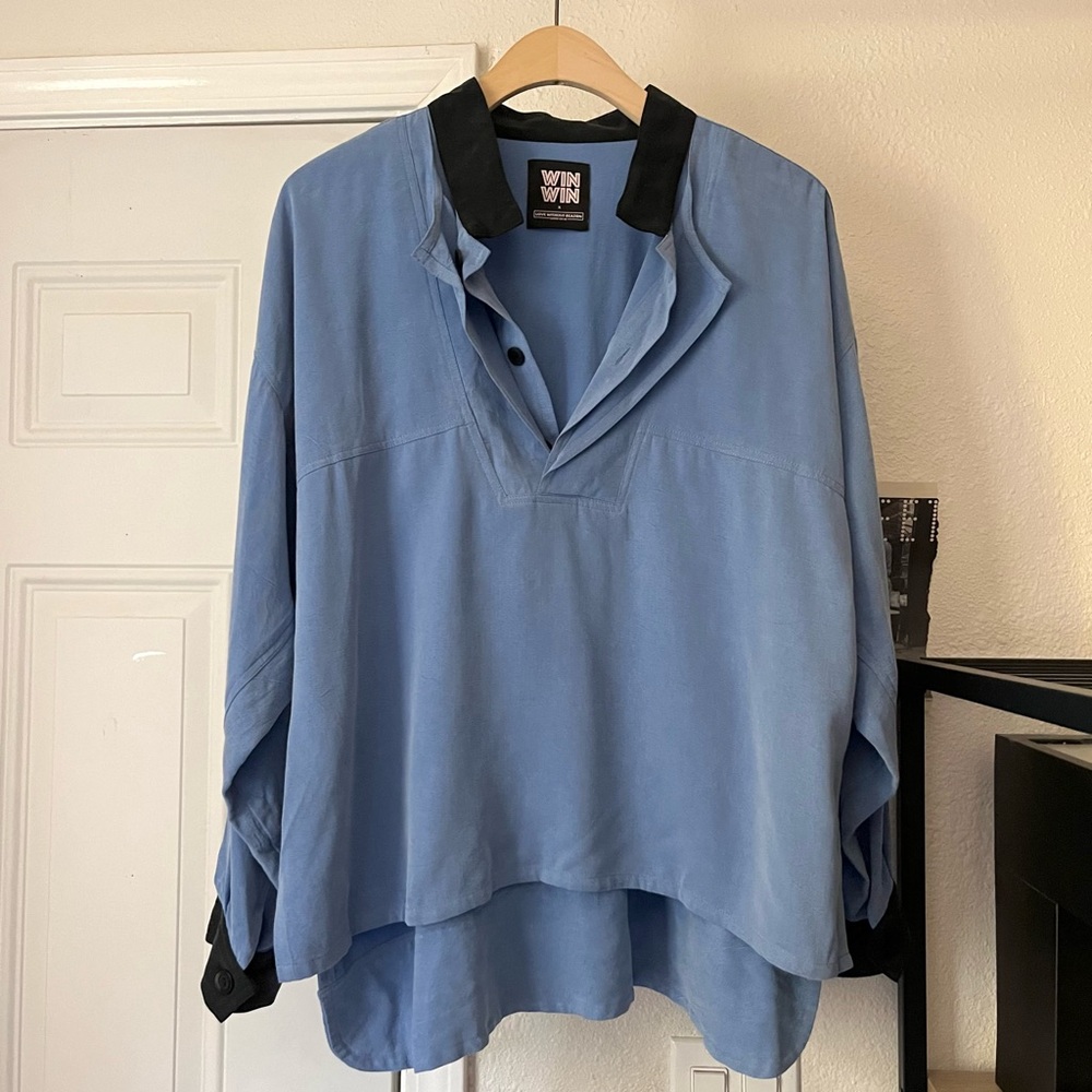 WIN WIN LA blue tencel boxy oversized contrast collar hi lo popover blouse shirt
